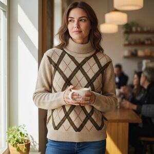 Vintage‎ Evan Picone Sweater Women Large Brown Argyle Angora Blend Turtleneck